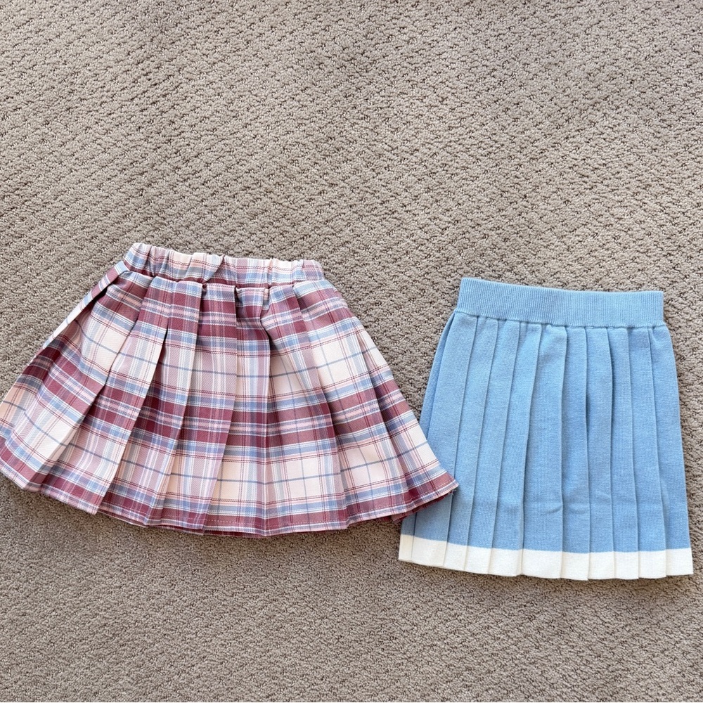 Kid Plaid and Blue Pleated Skirt Set